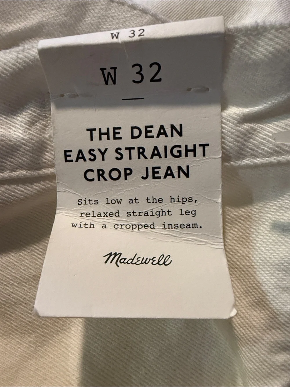 Madewell The Dean Easy Straight Crop White Cotton Torn Denim Jean Size 32 NWT